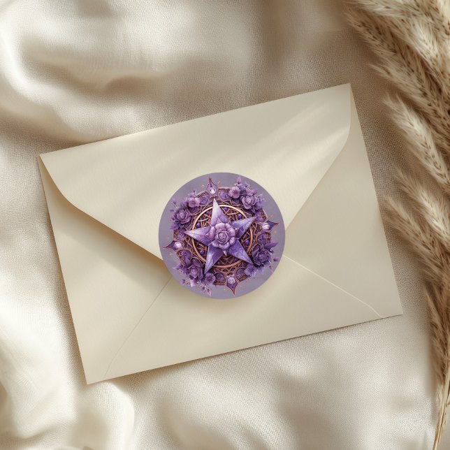 Rond Sticker à pinacle Rose mystique - Sceau de cuisine (Mystic Rose Pentacle Sticker – Purple Witchy Seal on a neutral envelope)