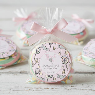 Rond Sticker à thème Baby shower rose bonbon Merci