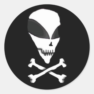 Rond Sticker Alien de dessin-pirate crâne et os croisés
