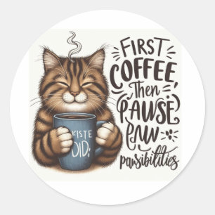 Rond Sticker Amoureux des chats Premier Café Puis Pawsi