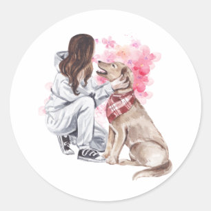 Rond Sticker Aquarelle Fille Et Chien