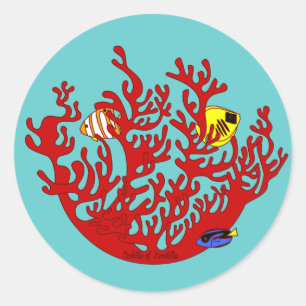 Rond Sticker Art Poissons et Corail Doodle