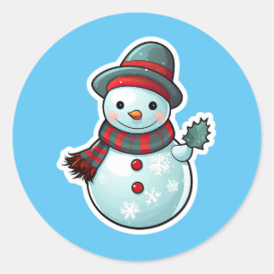 Rond Sticker avec mignon Snowman tenant une feuille