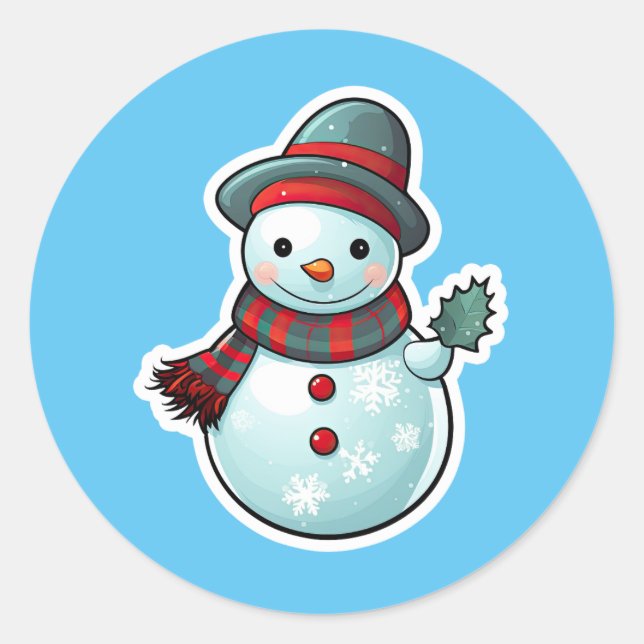 Rond Sticker avec mignon Snowman tenant une feuille (Devant)