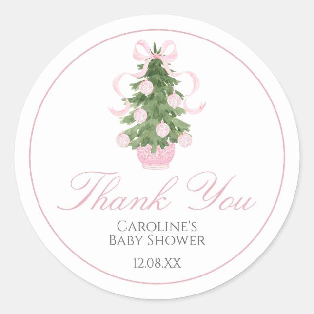 Rond Sticker Baby shower Arbre de Noël rose (Devant)