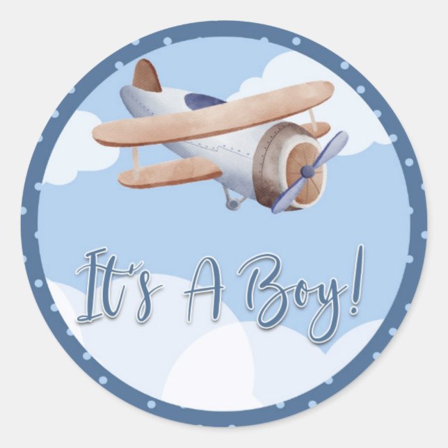 Rond Sticker Baby shower bleu avion C'est une fille (Devant)