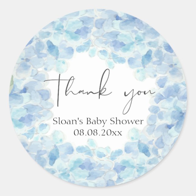 Rond Sticker Baby shower Blue Hydrangea (Devant)