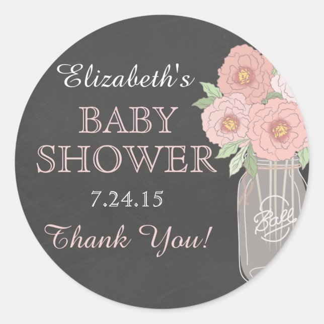 Rond Sticker Baby shower Chalkboard Floral Mason Jar (Devant)