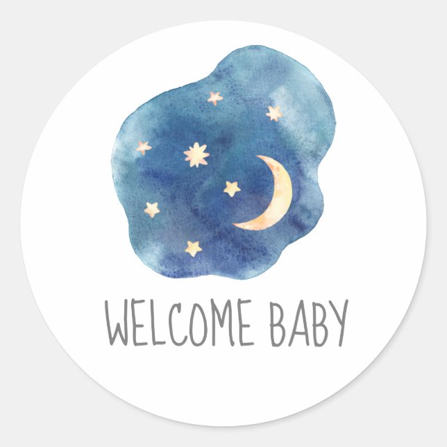 Rond Sticker Baby shower de bienvenue Lune et étoiles (Devant)