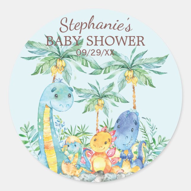 Rond Sticker Baby shower de Dinosaures mignon Favoriser (Devant)