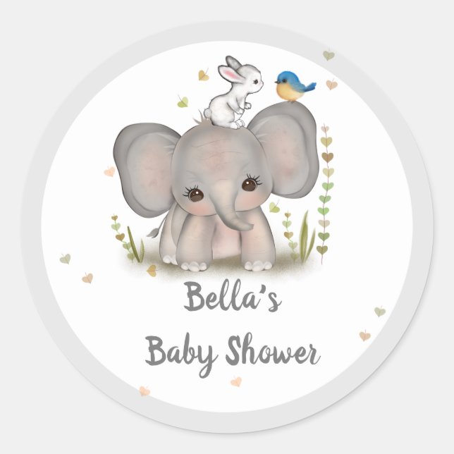 Rond Sticker Baby shower d'oiseaux de lapin gris blanc (Devant)