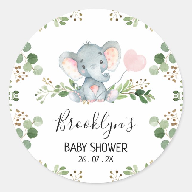Rond Sticker Baby shower Eléphant Balloon Rose (Devant)