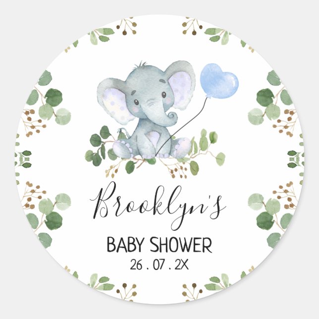 Rond Sticker Baby shower Eléphant Bleu (Devant)