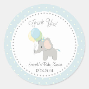 Rond Sticker Baby shower Eléphant mignon (bleu)