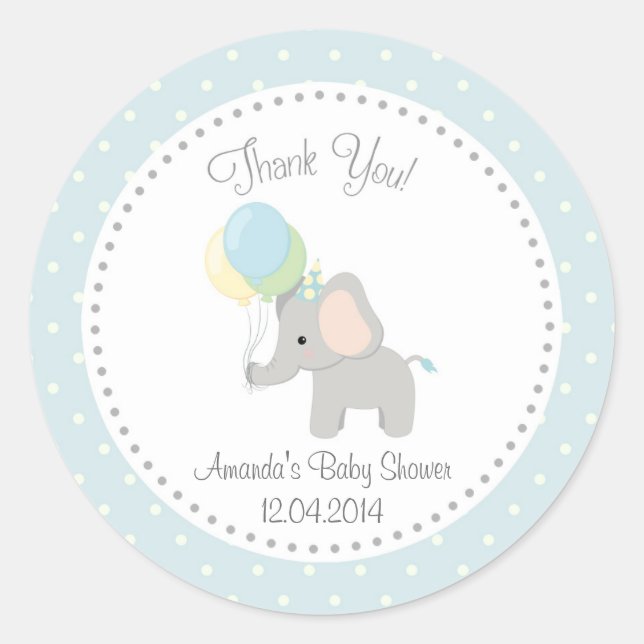 Rond Sticker Baby shower Eléphant mignon (bleu) (Devant)
