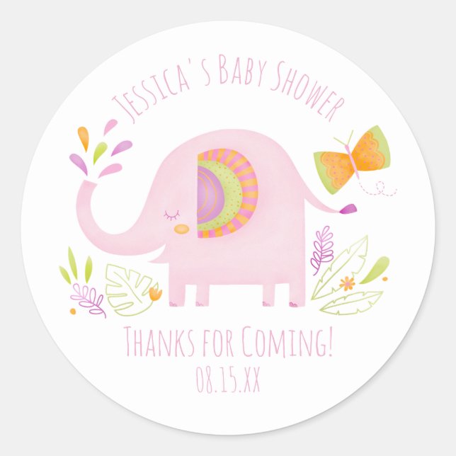 Rond Sticker Baby shower Eléphant Rose Cute (Devant)