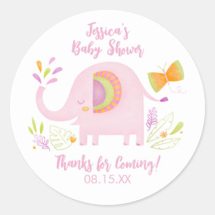 Rond Sticker Baby shower Eléphant Rose Cute
