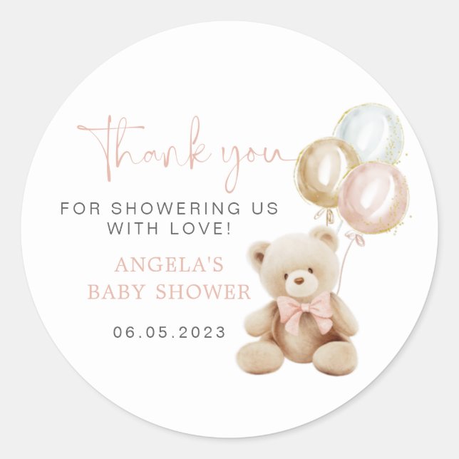 Rond Sticker Baby shower fille ours en peluche (Devant)