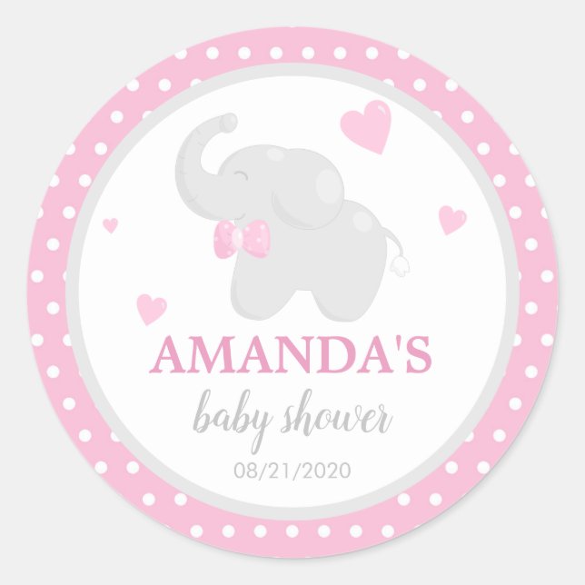 Rond Sticker Baby shower fille Polka Dot Rose Elephant (Devant)