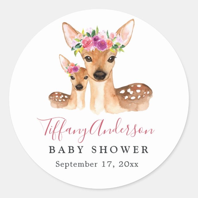Rond Sticker Baby shower Floral Sweet Deer Et Baby (Devant)