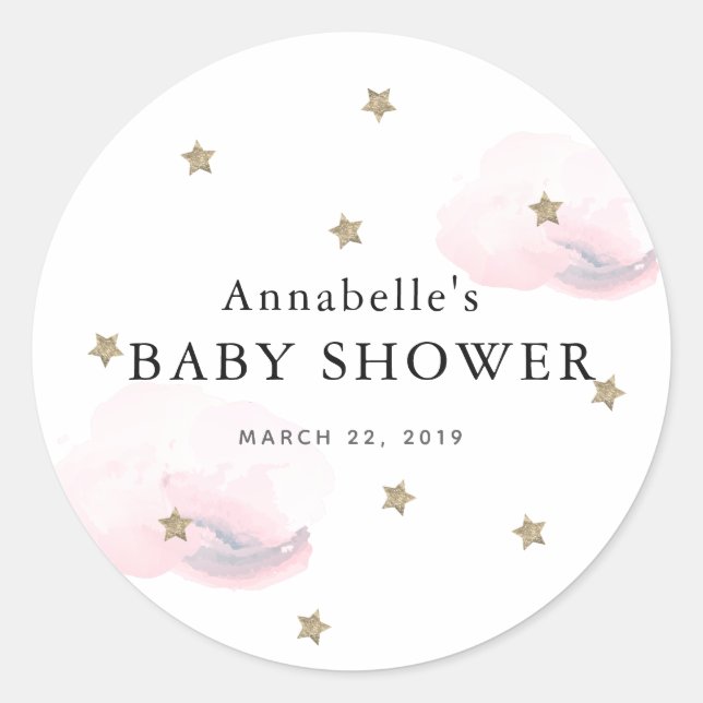 Rond Sticker Baby shower Gold Stars & Clouds Rose (Devant)
