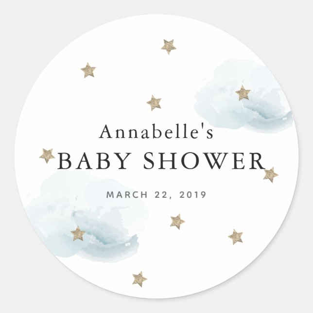 Rond Sticker Baby shower Gold Stars & Fluffy Clouds (Devant)