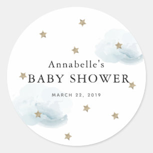 Rond Sticker Baby shower Gold Stars & Fluffy Clouds