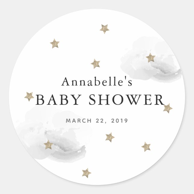 Rond Sticker Baby shower Gold Stars & Grey Clouds (Devant)