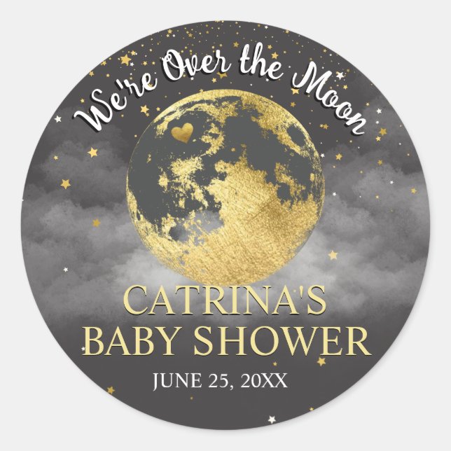 Rond Sticker Baby shower gris or sur la lune (Devant)