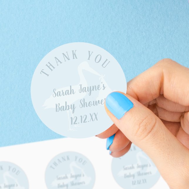 Rond Sticker baby shower Merci cigogne bleue (Blue baby shower? Need thank you stickers? Just add your details to these)