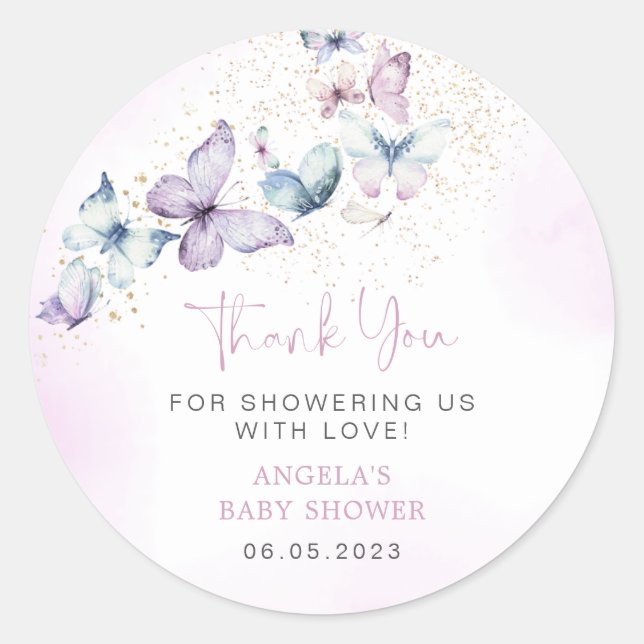 Rond Sticker Baby shower papillon violet (Devant)