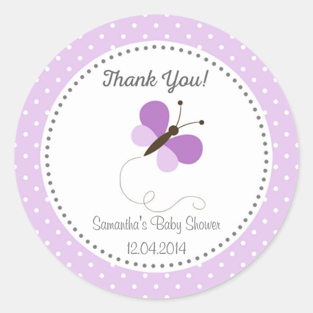 Rond Sticker Baby shower papillon violet (Devant)