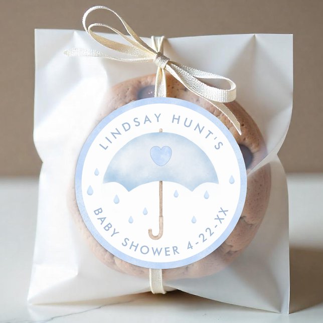 Rond Sticker Baby shower Parapluie Bleu Favoriser (Boy Baby Shower Favor Sticker)