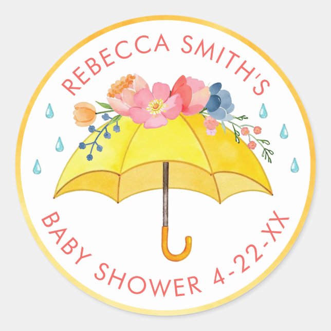 Rond Sticker Baby shower parapluie floral - Douche d'av (Devant)