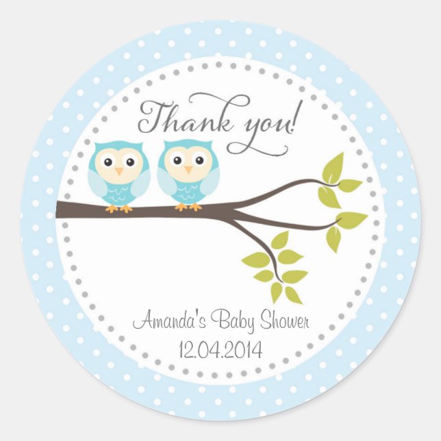 Rond Sticker Baby shower pour bébé jumeaux Boys Owls (Devant)