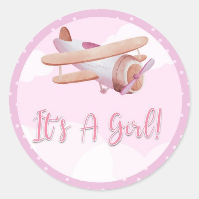 Rond Sticker Baby shower rose d'avion C'est une fille (Devant)