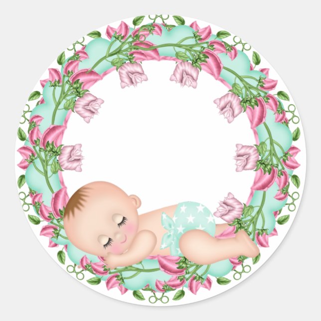 Rond Sticker Baby shower rose et vert avec Baby floral (Devant)