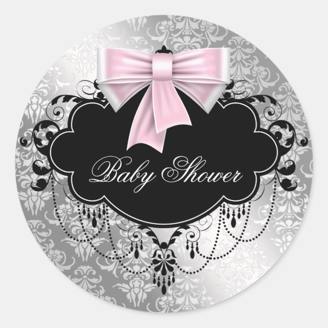Rond Sticker Baby shower rose noir Damask rose (Devant)