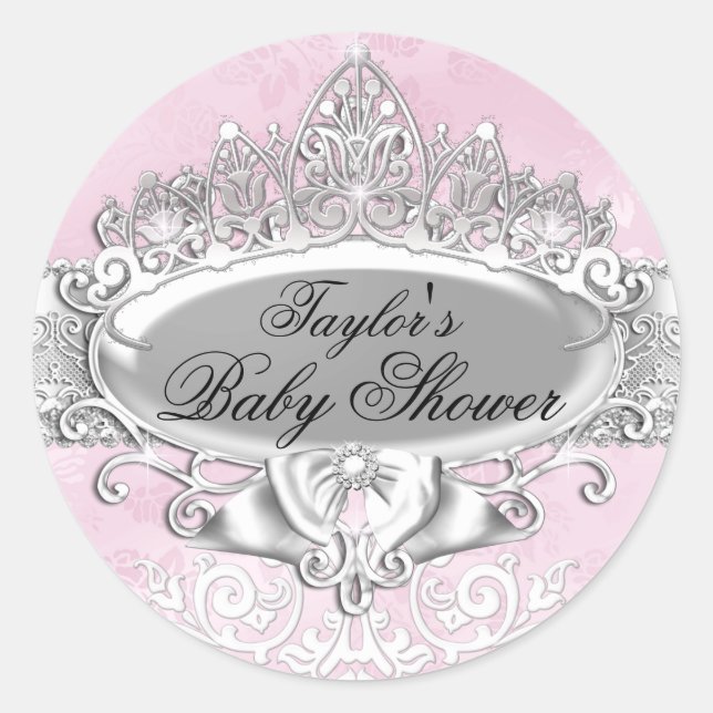 Rond Sticker Baby shower rose Tiara & Damask (Devant)