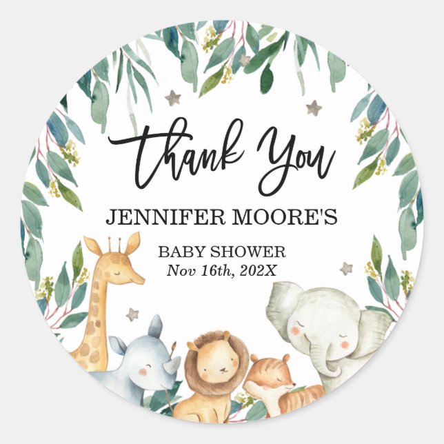 Rond Sticker Baby shower Safari Animaux Et Foliage (Devant)