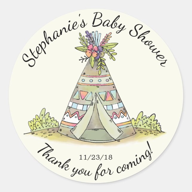 Rond Sticker Baby shower sauvage de Teepee Tribal Favor (Devant)