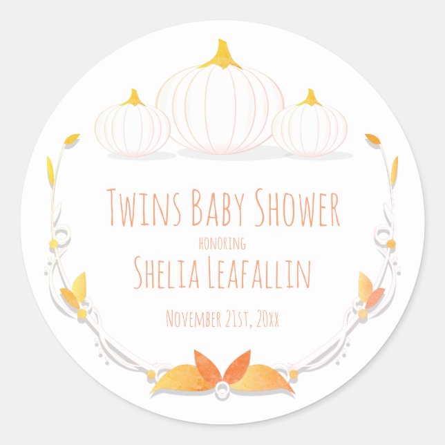 Rond Sticker Baby shower Twins Automne Citrouille blanc (Devant)