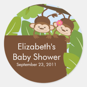 Rond Sticker Baby shower Twins Monkey Jungle Safari