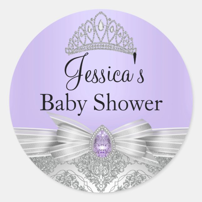 Rond Sticker Baby shower violet Tiara & Argent Damask (Devant)