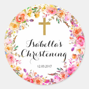 Rond Sticker baptême Christening - Croix d'or