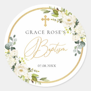 Rond Sticker Baptême Croix Roses Blanches