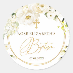 Rond Sticker Baptême Croix Roses Blanches