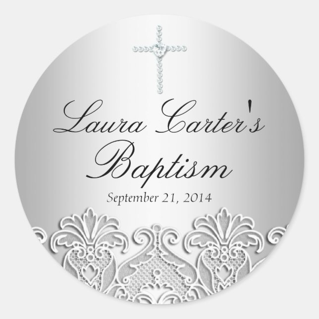 Rond Sticker Baptême de dentelle blanche et croix (Devant)