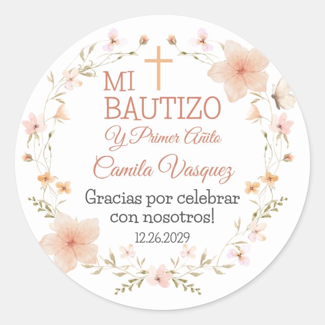 Rond Sticker Baptism en espagnol avec Fleurs roses mign (Devant)