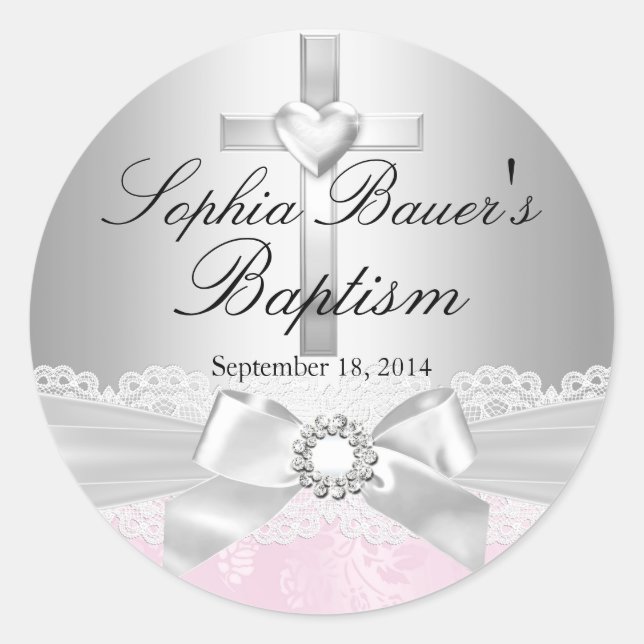 Rond Sticker Baptiste à croix d'argent et à dentelle (Devant)